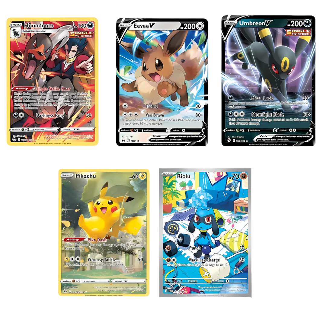 Pokémon Cards: Bundle of 5 Rare Pokemon Cards including V or VMAX, EX, GX, Full Art, Illustration Rare, Trainer Gallery Pokemon Cards stored in a That Chunky Yellow Mouse ™ Gift Pouch
