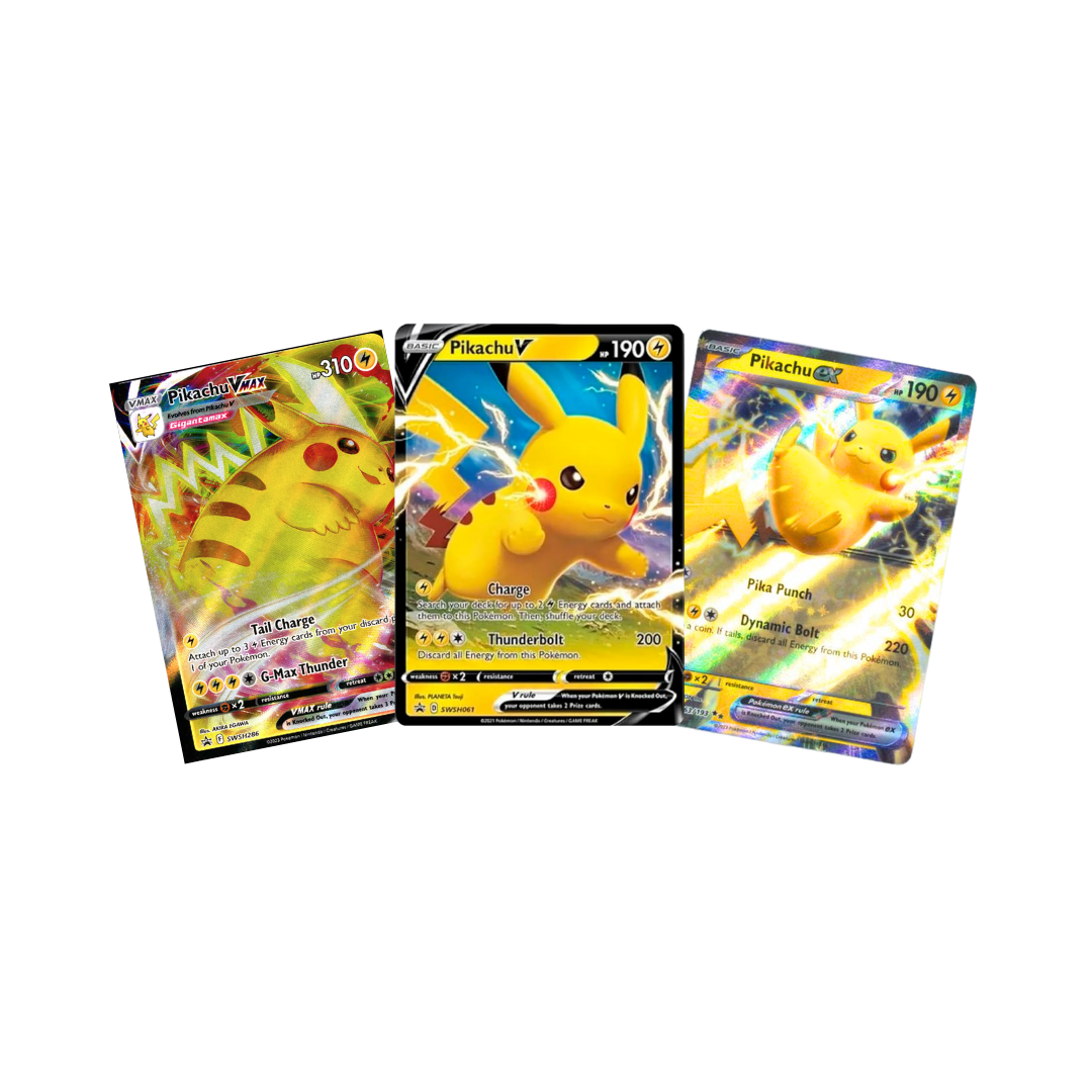 Pikachu Pokemon Card Gift Bundle | Three Pikachu Pokémon card | Pikachu VMAX Pokemon Card | Sword Shield Promo Pikachu Card | Scarlet and Violet Pikachu EX |
