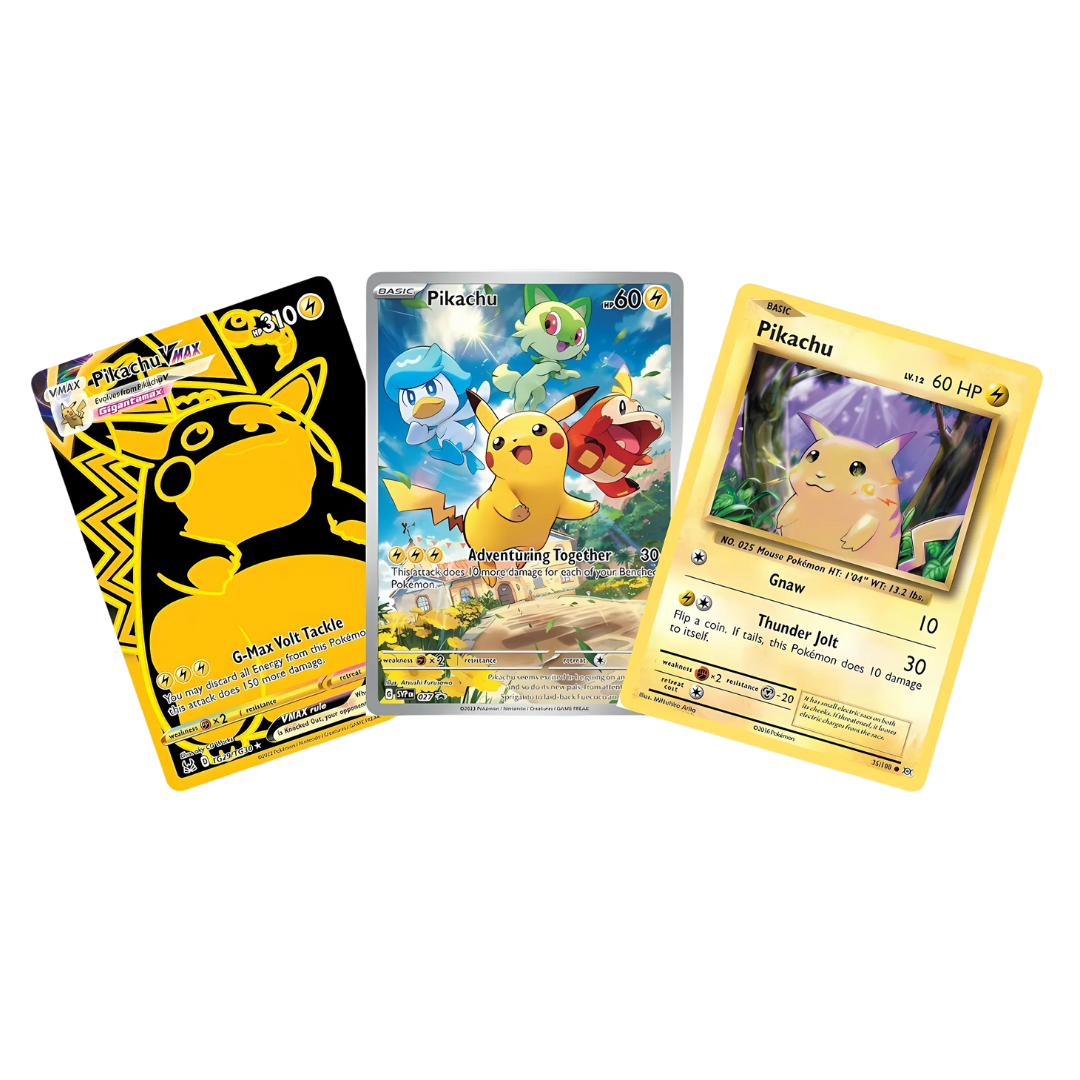 Pikachu Pokemon Card Gift Bundle | Three Pikachu Pokémon card | Pikachu Full Art Pokemon Card | Golden Pokemon Pikachu Card | Classic Evolutions Reverse Holo Pikachu |