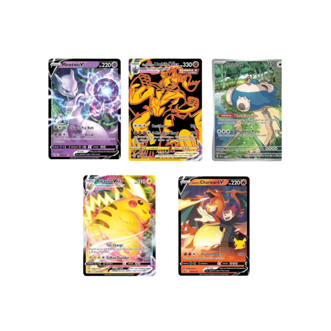 Pokemon TCG: 5 Rare Shiny Pokemon Cards | Pikachu VMAX | Mewtwo Pokemon GO | Legendary Urshifu Gold Pokemon Card | For Collectors | Celebrations Charizard Card V | Snorlax Pokemon 151 Promo |