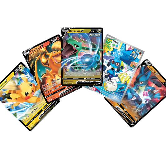 Pokémon Cards: Bundle of 5 Rare Pokemon Cards including V or VMAX, EX, GX, Full Art, Illustration Rare, Trainer Gallery Pokemon Cards stored in a That Chunky Yellow Mouse ™ Gift Pouch