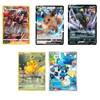 Pokémon Cards: Bundle of 5 Rare Pokemon Cards including V or VMAX, EX, GX, Full Art, Illustration Rare, Trainer Gallery Pokemon Cards stored in a That Chunky Yellow Mouse ™ Gift Pouch