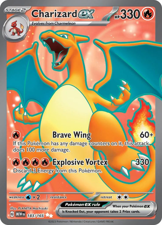 Pokemon - Charizard ex 183/165 Mew Scarlet and Violet 151 - Full Art Rare Card + That Chunky Yellow Mouse Protective Pouch