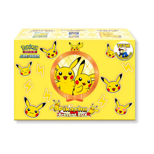 Korean Pikachu Present Box | TCYM Authenticated | Includes 10 Korean Super Electric Breaker Surging Sparks Booster Packs, Pikachu Pokemon Card Binder, Pokemon Stickers & Deck Box