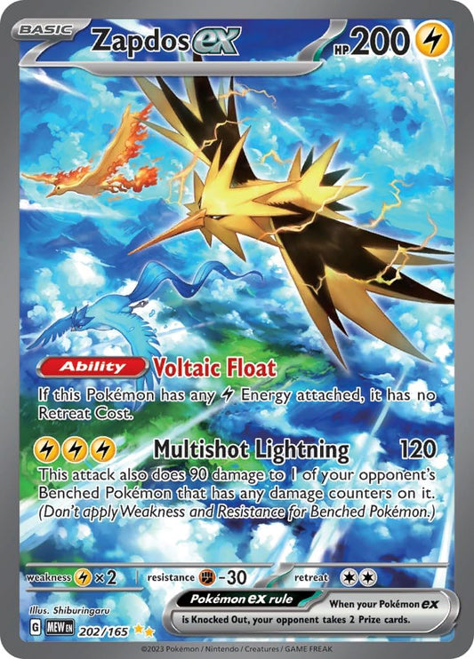 Pokemon - Zapdos ex 202/165 - Mew 151 Scarlet and Violet - Ultra Rare Illustration Card + That Chunky Yellow Mouse Protective Pouch