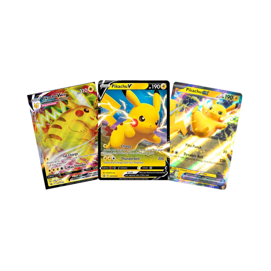 Pikachu Pokemon Card Gift Bundle | Three Pikachu Pokémon card | Pikachu VMAX Pokemon Card | Sword Shield Promo Pikachu Card | Scarlet and Violet Pikachu EX |