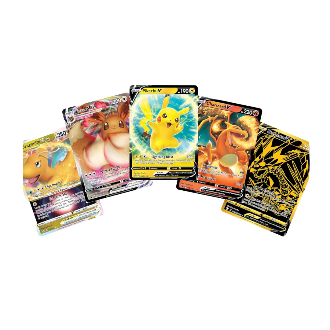 Pokemon TCG: 5 Rare Shiny Pokemon Cards | Pikachu V Pokemon Card | Black Gold Pokemon Card Eternus V | Eevee VMAX Pokemon Card | Crown Zenith Charizard Pokemon Card V | Pokemon Go Card Dragonite |