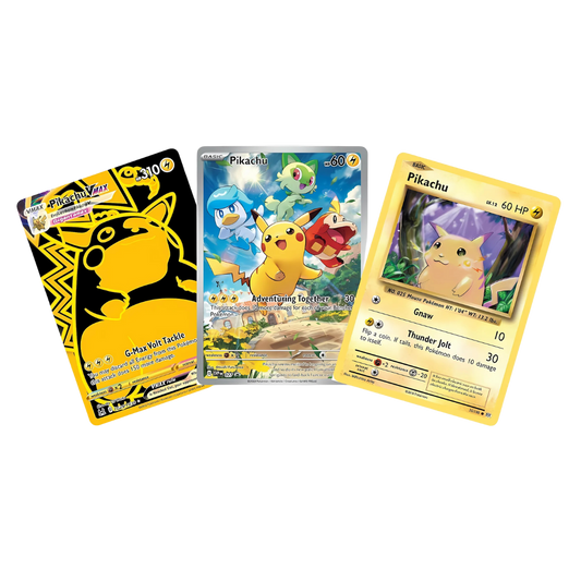 Pikachu Pokemon Card Gift Bundle | Three Pikachu Pokémon card | Pikachu Full Art Pokemon Card | Golden Pokemon Pikachu Card | Classic Evolutions Reverse Holo Pikachu |